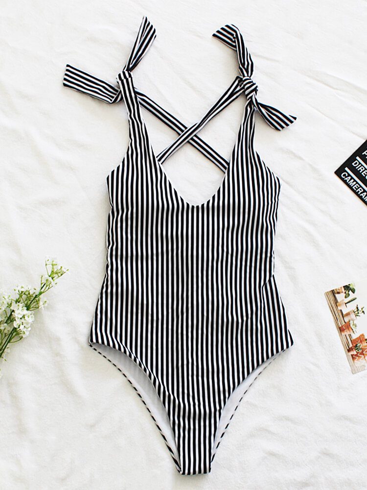 Kvinner Pinstripe Criss Cross Rygg Søt Sløyfe Skulder One Piece Slankende Badedrakt