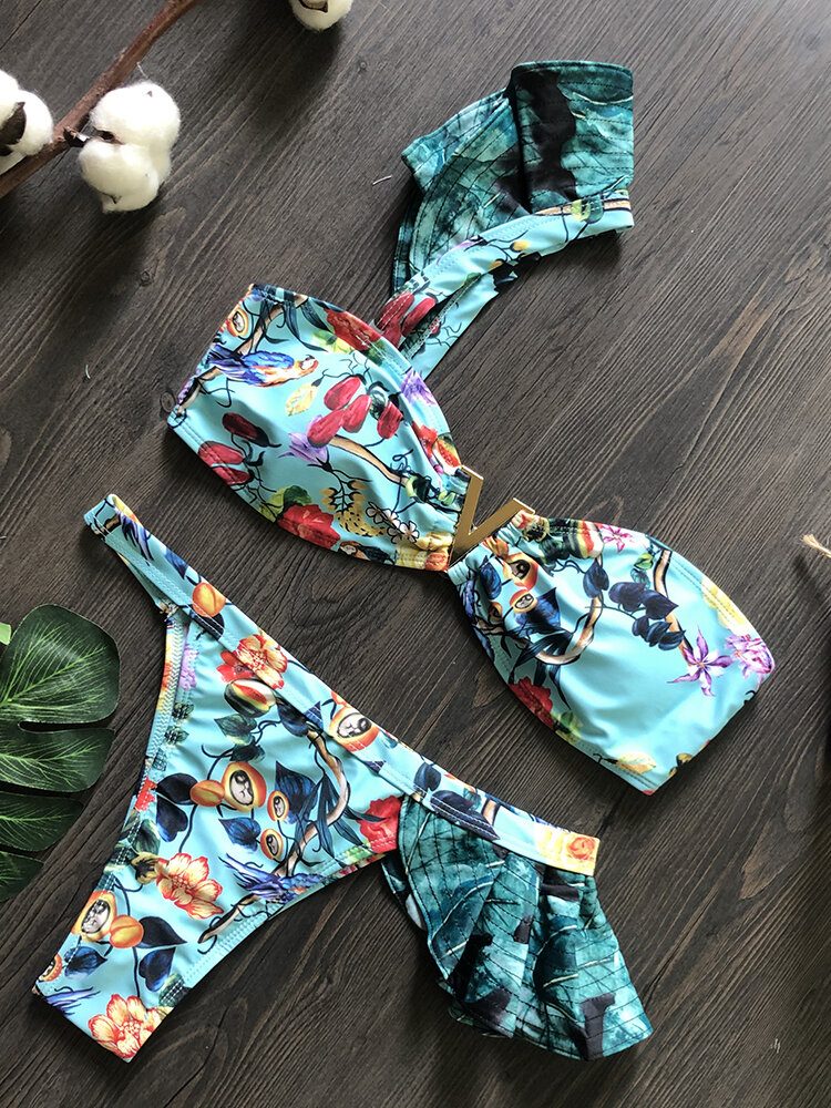 Kvinner En Skulder Blomstertrykk Ruffle Trims Ryggløs Strandferie Bikinier Med Lav Midje