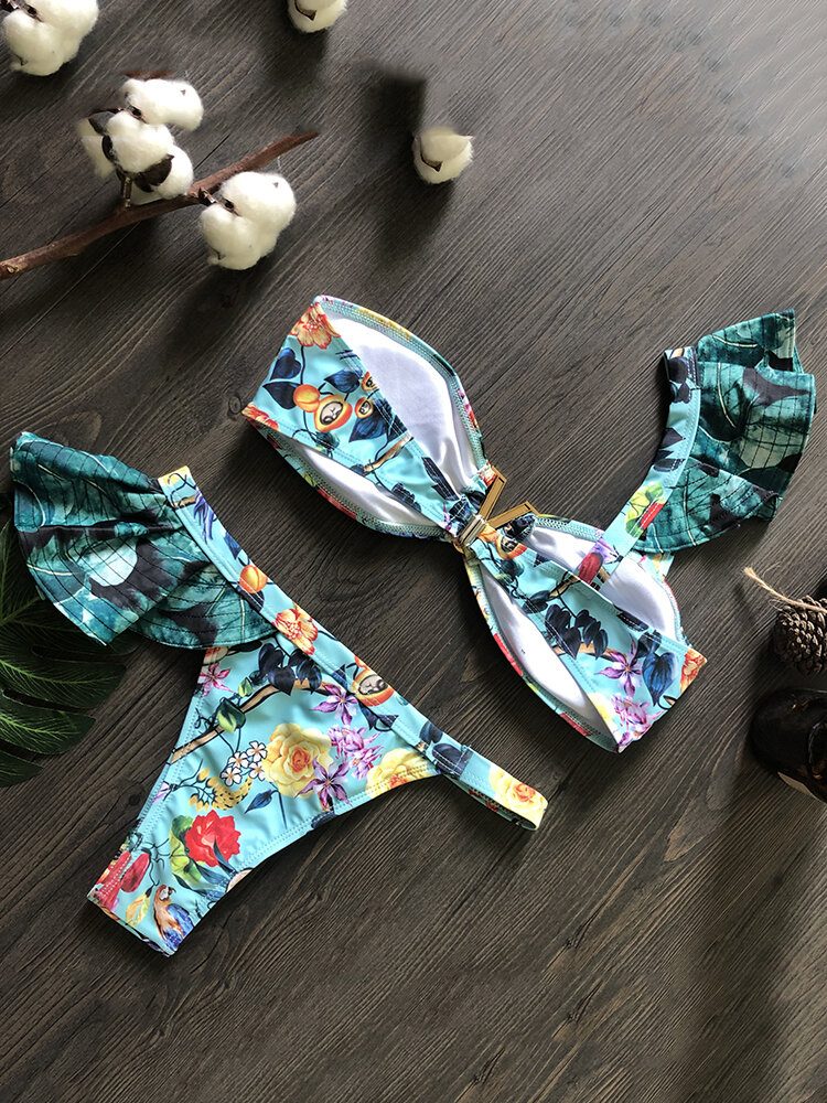 Kvinner En Skulder Blomstertrykk Ruffle Trims Ryggløs Strandferie Bikinier Med Lav Midje