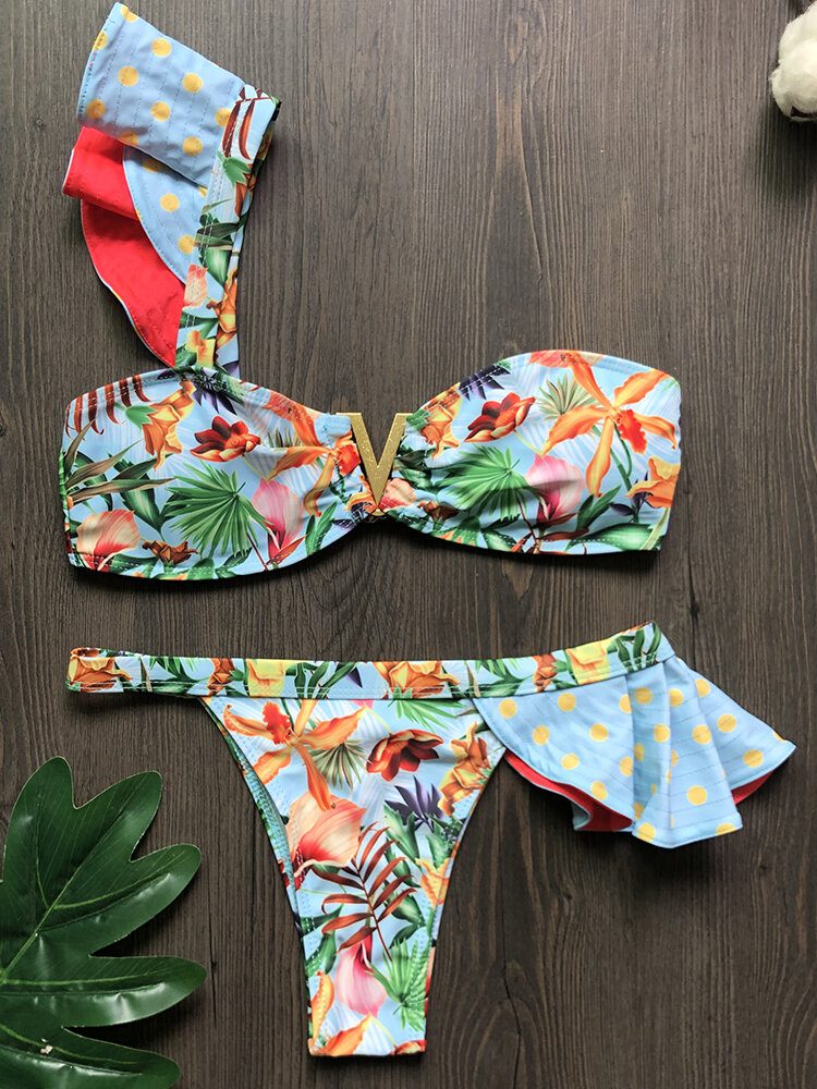 Kvinner En Skulder Blomstertrykk Ruffle Trims Ryggløs Strandferie Bikinier Med Lav Midje