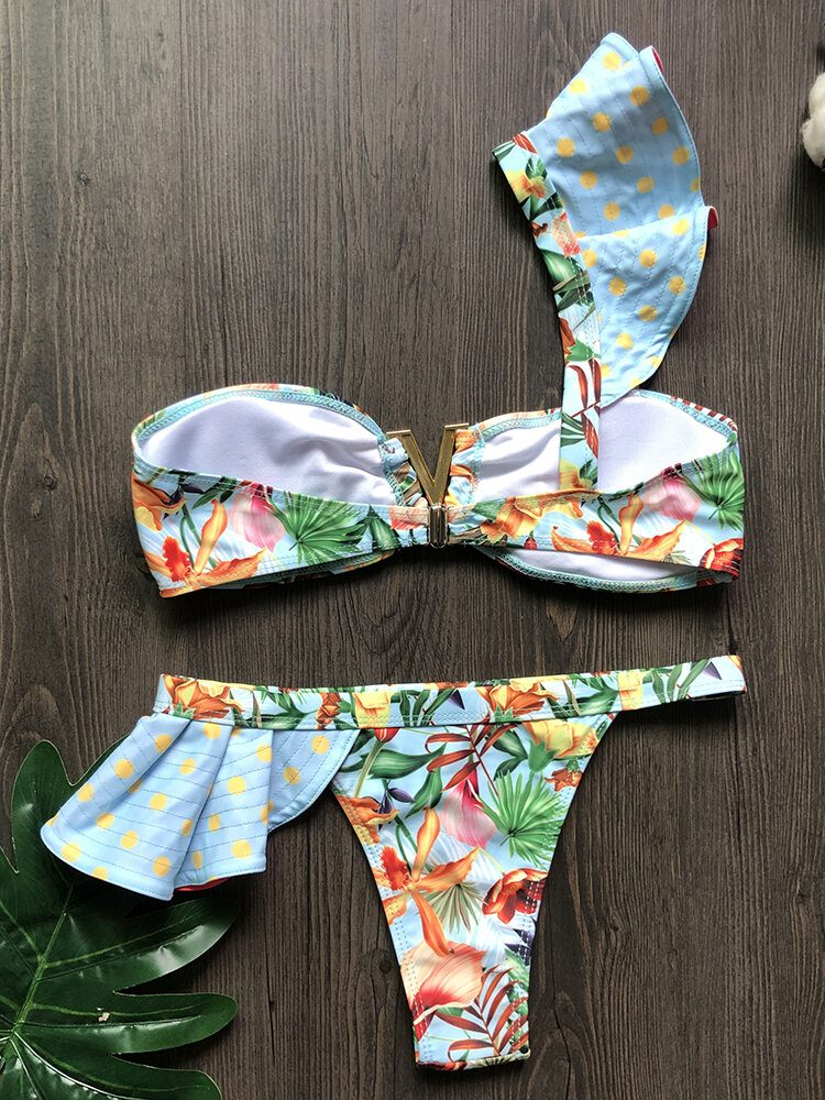 Kvinner En Skulder Blomstertrykk Ruffle Trims Ryggløs Strandferie Bikinier Med Lav Midje