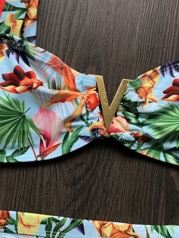 Kvinner En Skulder Blomstertrykk Ruffle Trims Ryggløs Strandferie Bikinier Med Lav Midje