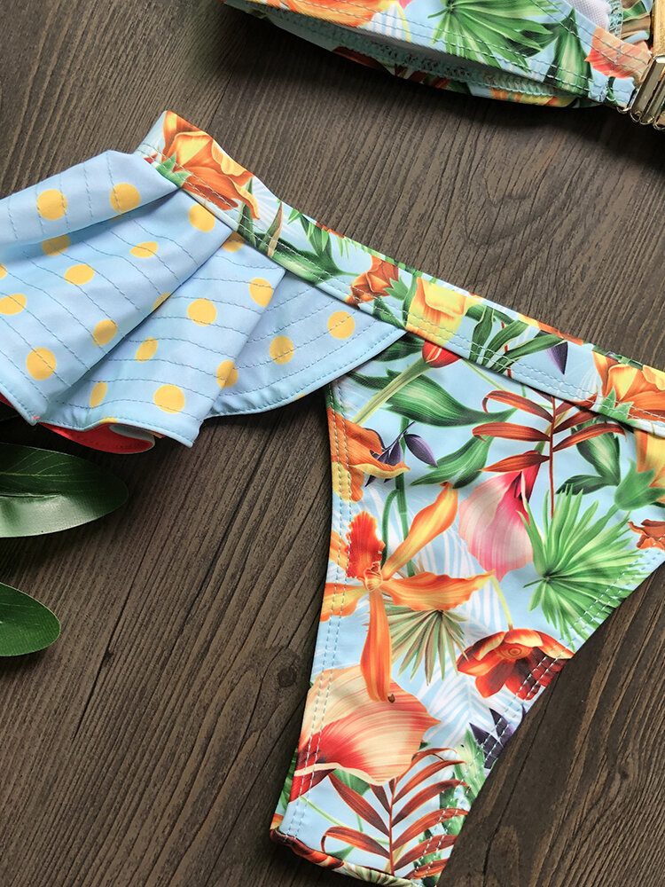 Kvinner En Skulder Blomstertrykk Ruffle Trims Ryggløs Strandferie Bikinier Med Lav Midje