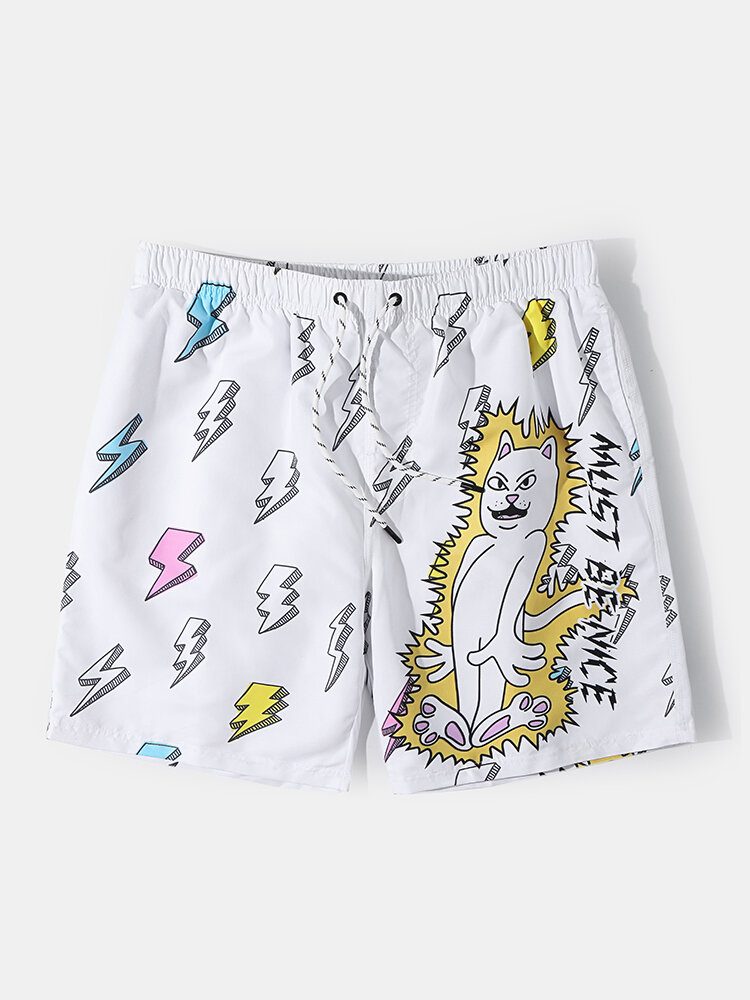 Menns Tegneseriekatt Alien Print Mesh-fôret Pustende Tynn Strandferiebrettshorts