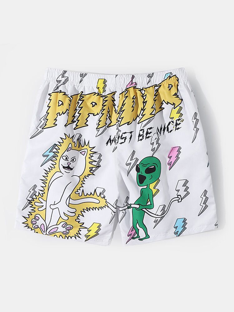 Menns Tegneseriekatt Alien Print Mesh-fôret Pustende Tynn Strandferiebrettshorts