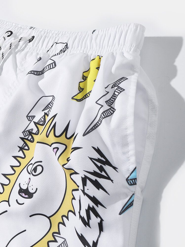 Menns Tegneseriekatt Alien Print Mesh-fôret Pustende Tynn Strandferiebrettshorts