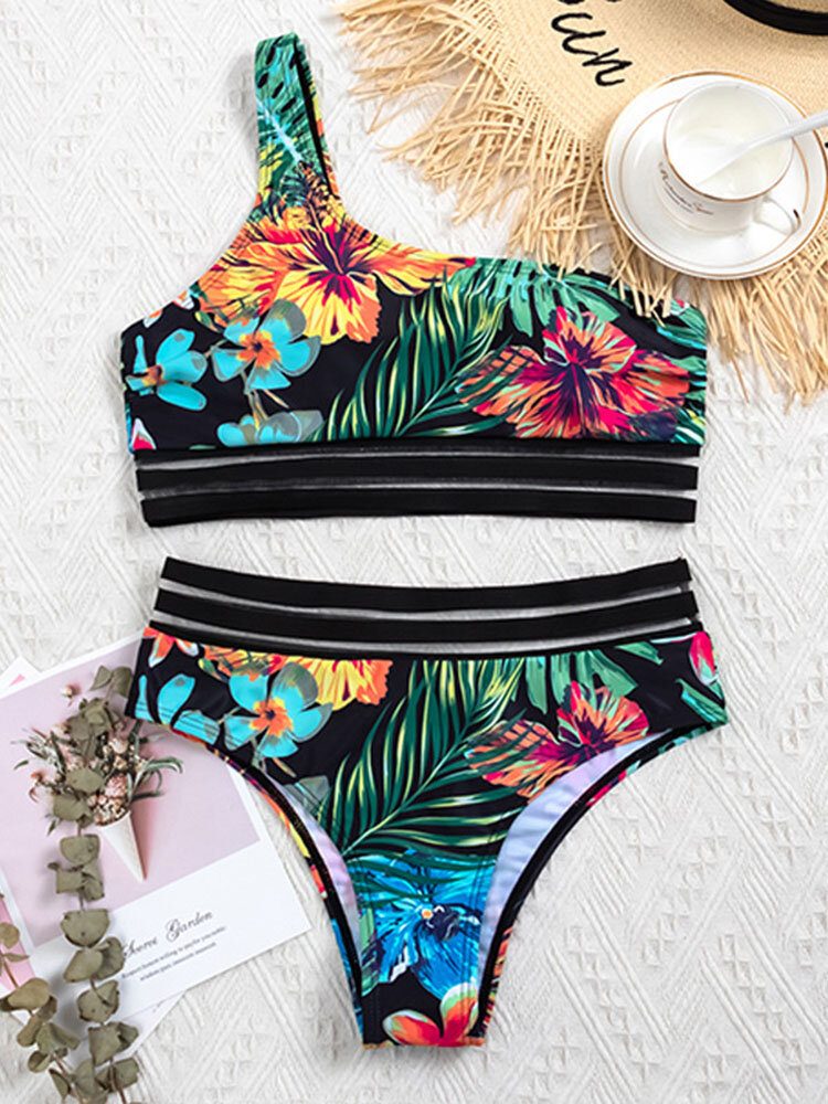 Planteblad Tropical Print One Shoulder Mesh Trim Bikinier Med Høy Midje