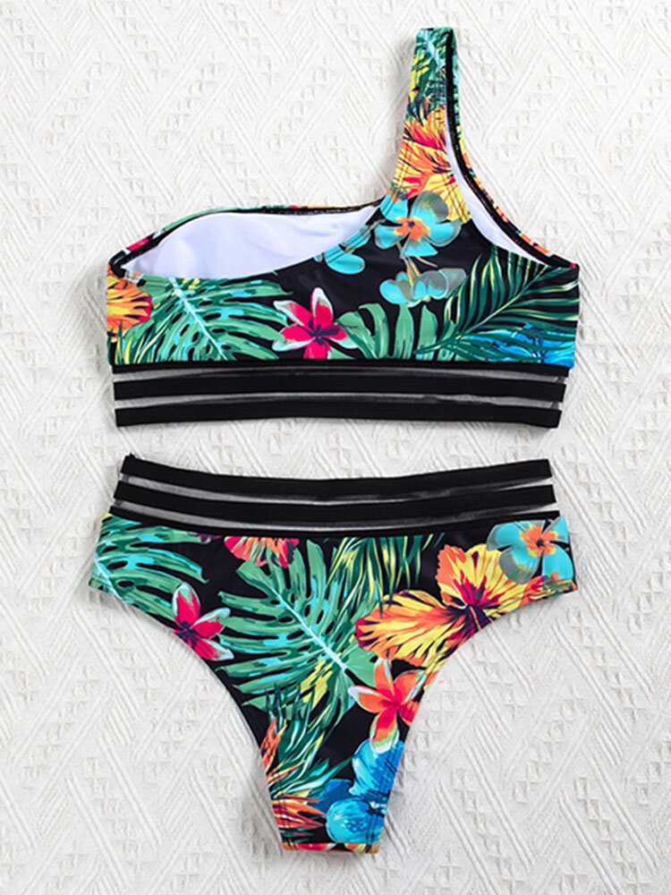 Planteblad Tropical Print One Shoulder Mesh Trim Bikinier Med Høy Midje