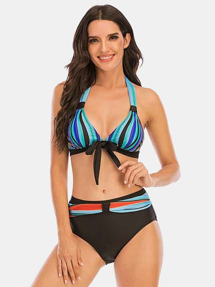 Pluss Størrelse Dame Fargerike Stripe Slips Front Halter Bakløse Bikinier Badetøy