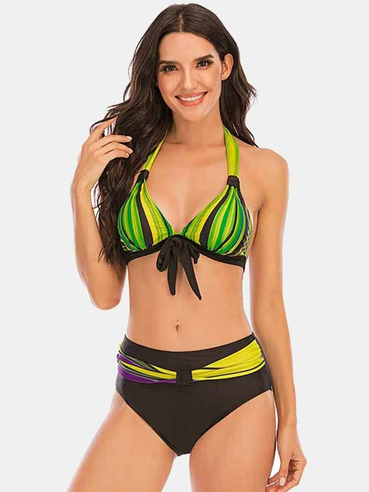 Pluss Størrelse Dame Fargerike Stripe Slips Front Halter Bakløse Bikinier Badetøy