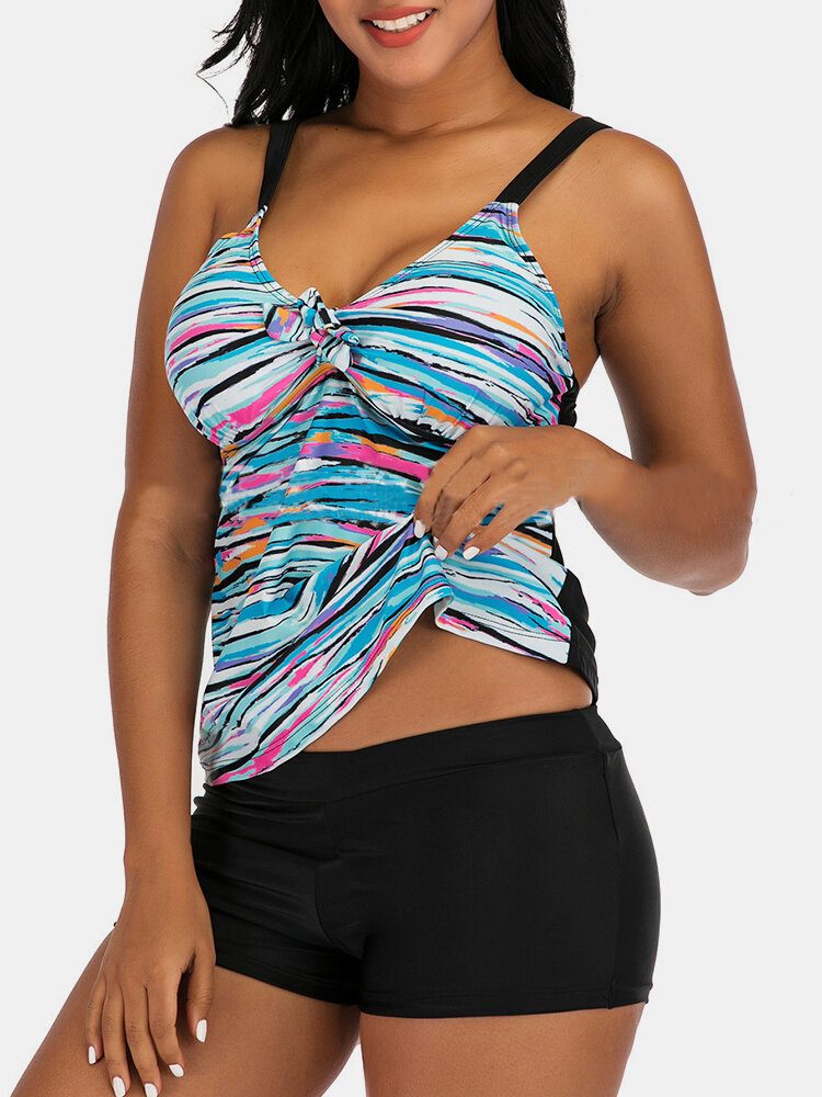 Pluss Størrelse Dame Fargerikt Stripe Print Slips Front Trådløs Strappy Tankinis Badedrakt