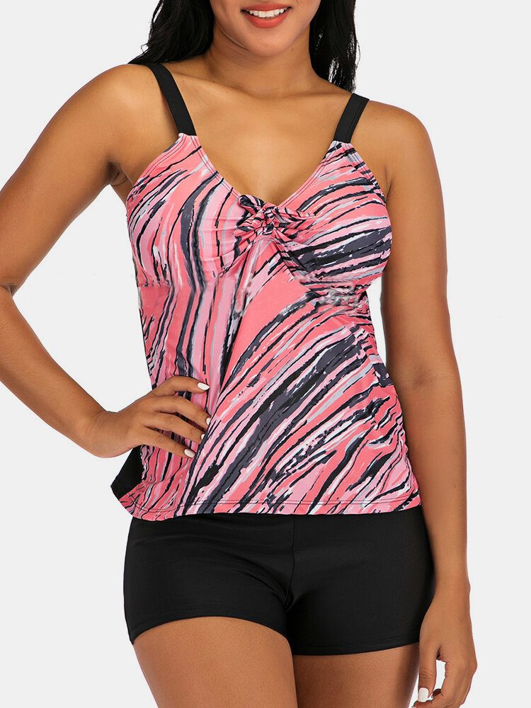 Pluss Størrelse Dame Fargerikt Stripe Print Slips Front Trådløs Strappy Tankinis Badedrakt