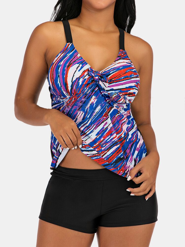 Pluss Størrelse Dame Fargerikt Stripe Print Slips Front Trådløs Strappy Tankinis Badedrakt