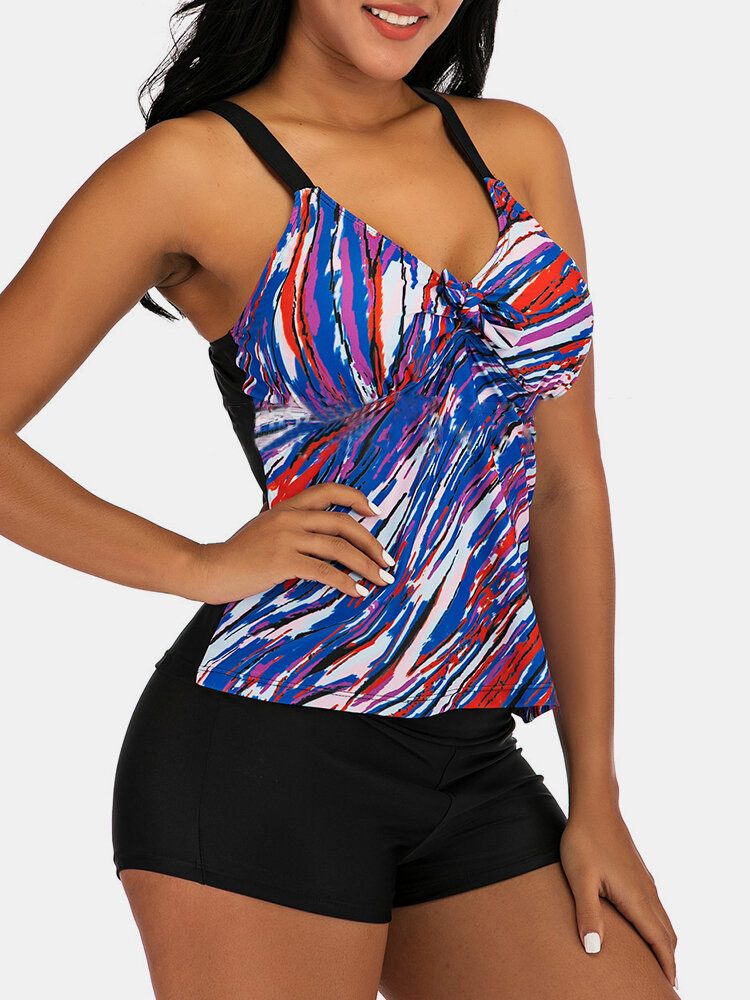 Pluss Størrelse Dame Fargerikt Stripe Print Slips Front Trådløs Strappy Tankinis Badedrakt