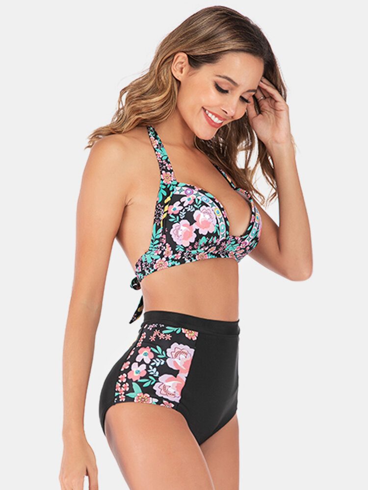 Pluss Størrelse Dame Floeal Print Patchwork Bikini Med Høy Midje Bakløs Badetøy