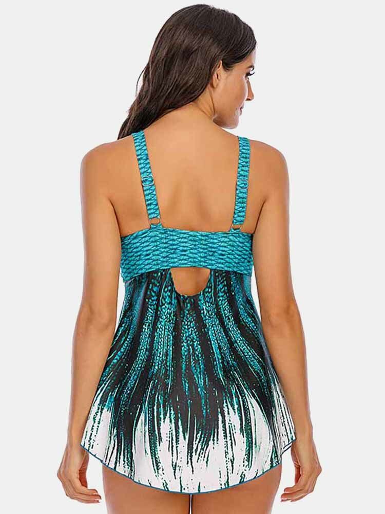 Pluss Størrelse Dame Ombre Wave Print Backless Cover Belly Swimdress Beachwear