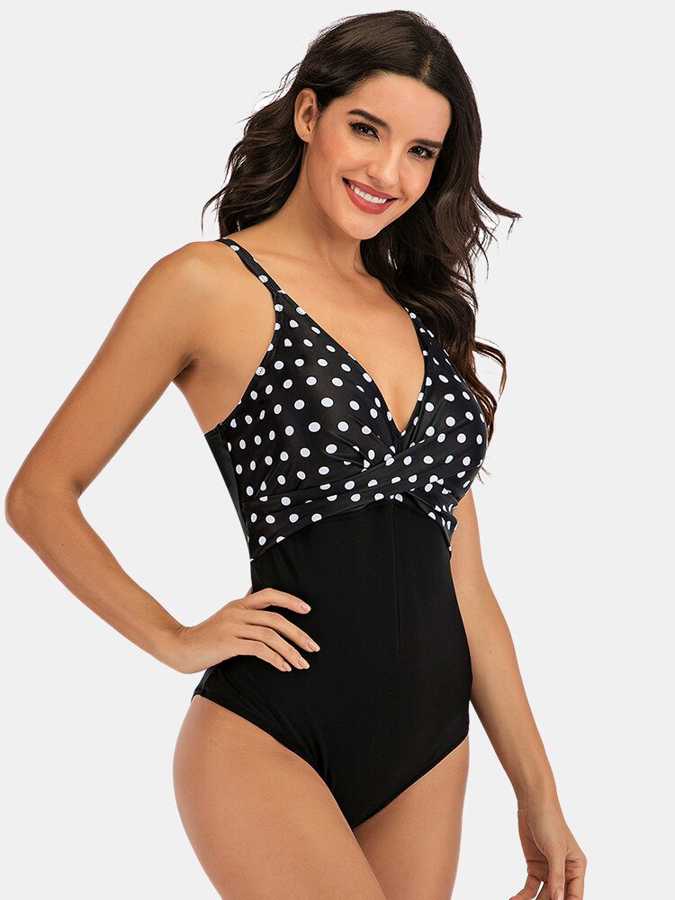 Pluss Størrelse Dame Polka Dot Print Splice Skinny Fit One Piece Badetøy