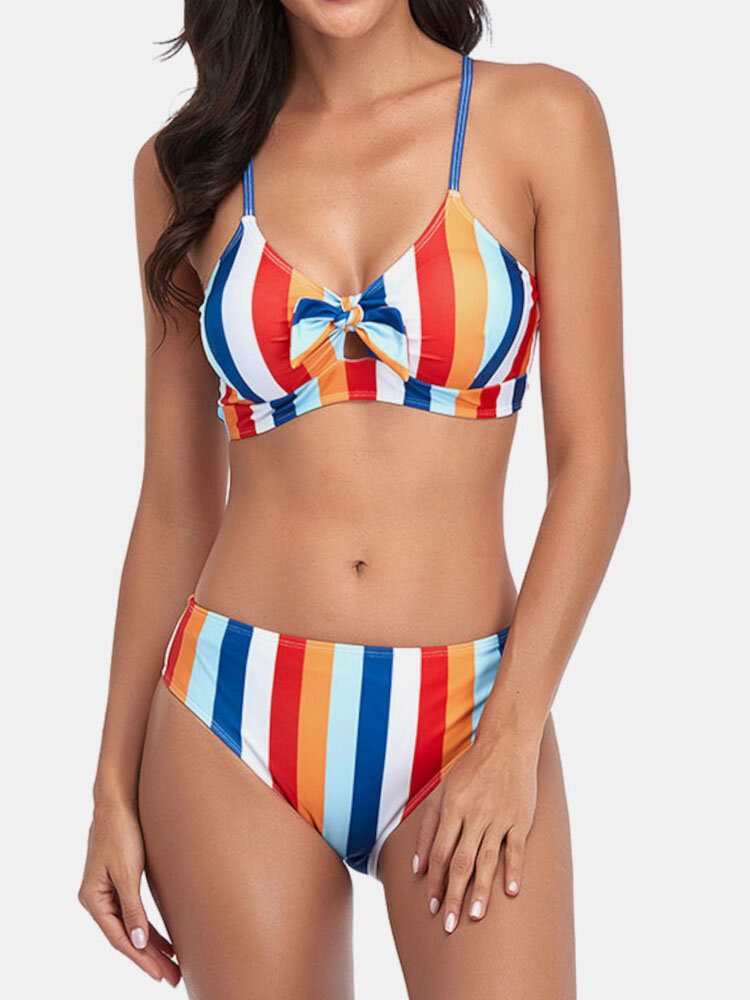 Spaghetti-stropper Med Stripetrykk Knyttet Hawaii Bikini-badedrakt