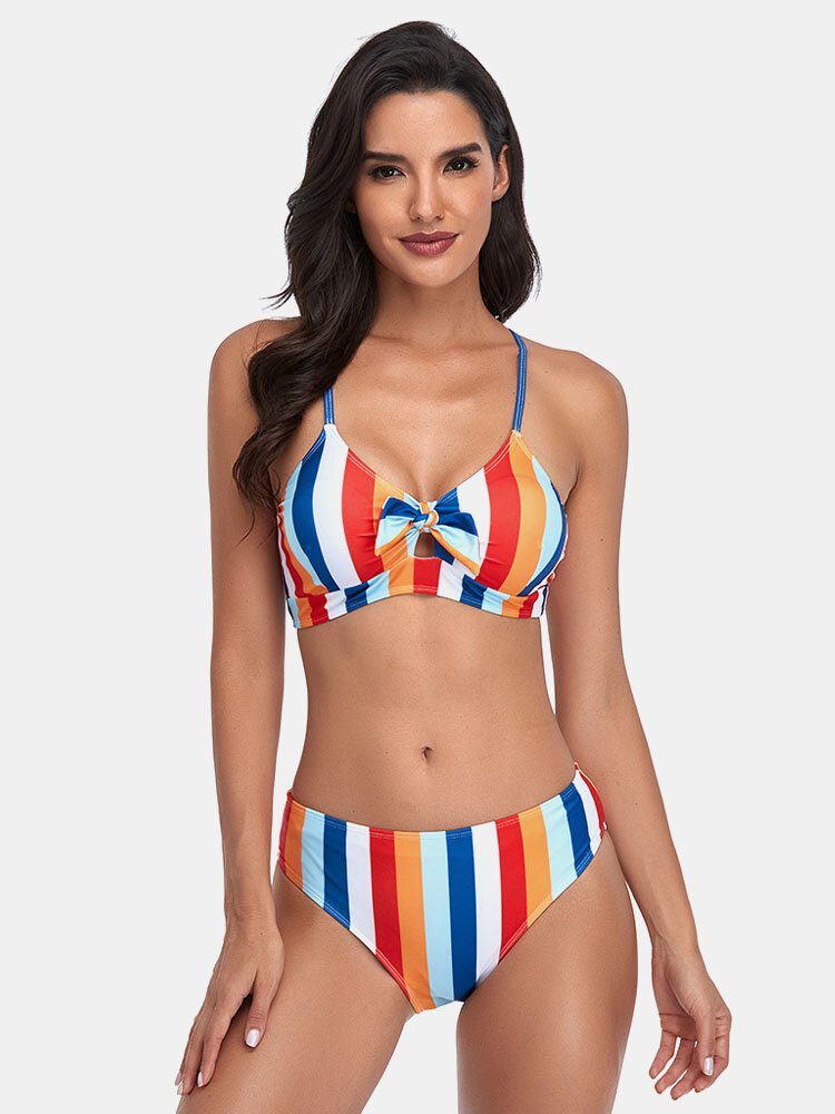 Spaghetti-stropper Med Stripetrykk Knyttet Hawaii Bikini-badedrakt