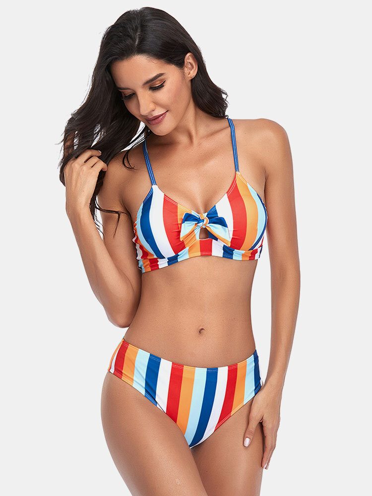 Spaghetti-stropper Med Stripetrykk Knyttet Hawaii Bikini-badedrakt