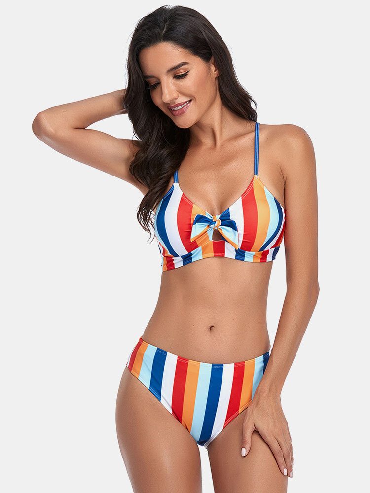 Spaghetti-stropper Med Stripetrykk Knyttet Hawaii Bikini-badedrakt