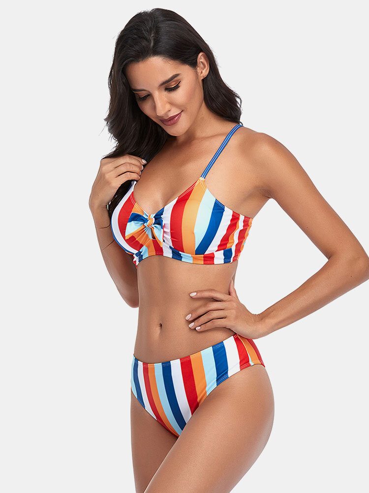 Spaghetti-stropper Med Stripetrykk Knyttet Hawaii Bikini-badedrakt