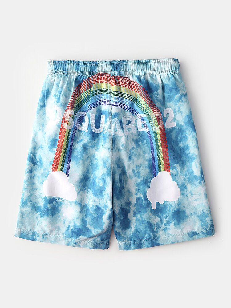 Tie-dye Herre Letter Rainbow Print Mesh Pustende Snøring Casual Board Shorts