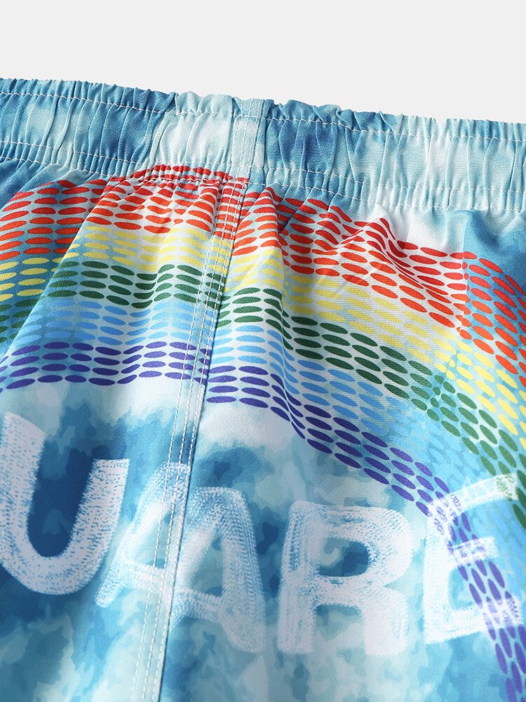 Tie-dye Herre Letter Rainbow Print Mesh Pustende Snøring Casual Board Shorts