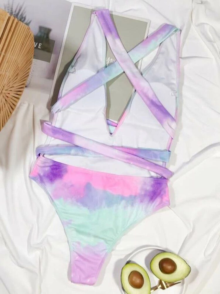 Tie Dye Ryggløs Bandasje Høy Gaffel Holiday One Piece Dame Strandbadetøy