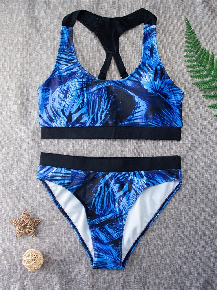 Tropical Leaf Print Criss Cross Back Brede Stropper Høy Midje Sommer Beach Bikinis Badetøy