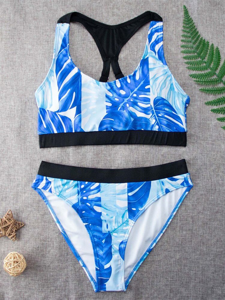 Tropical Leaf Print Criss Cross Back Brede Stropper Høy Midje Sommer Beach Bikinis Badetøy