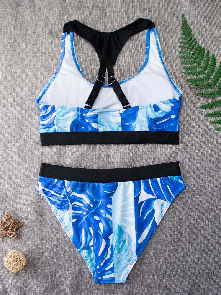 Tropical Leaf Print Criss Cross Back Brede Stropper Høy Midje Sommer Beach Bikinis Badetøy