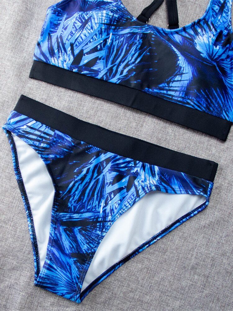 Tropical Leaf Print Criss Cross Back Brede Stropper Høy Midje Sommer Beach Bikinis Badetøy