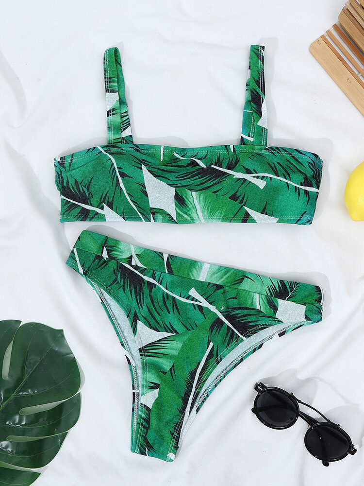 Tropical Plant Print Åpen Rygg Justerbare Stropper Høy Midje Beach Bikinis Badedrakt