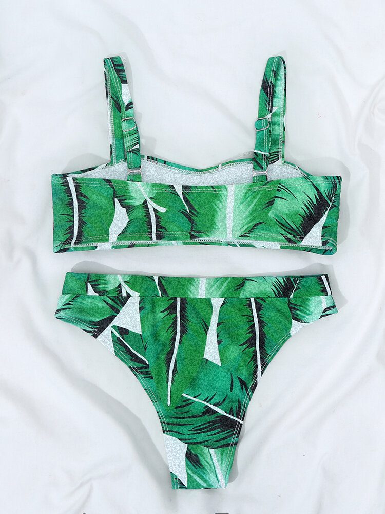 Tropical Plant Print Åpen Rygg Justerbare Stropper Høy Midje Beach Bikinis Badedrakt