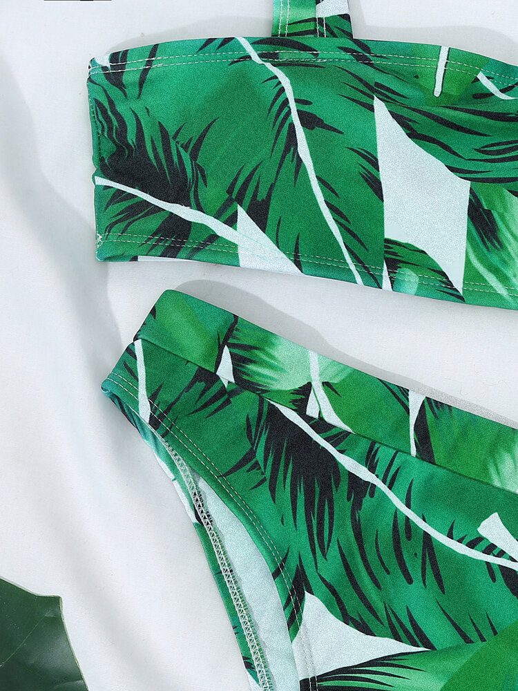 Tropical Plant Print Åpen Rygg Justerbare Stropper Høy Midje Beach Bikinis Badedrakt