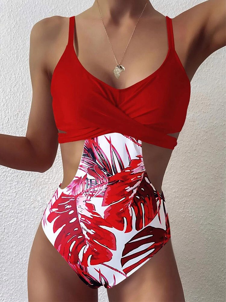 Tropical Plant Print Cross Cut Out Tie Back Hawaii Style One Piece Badedrakt For Kvinner