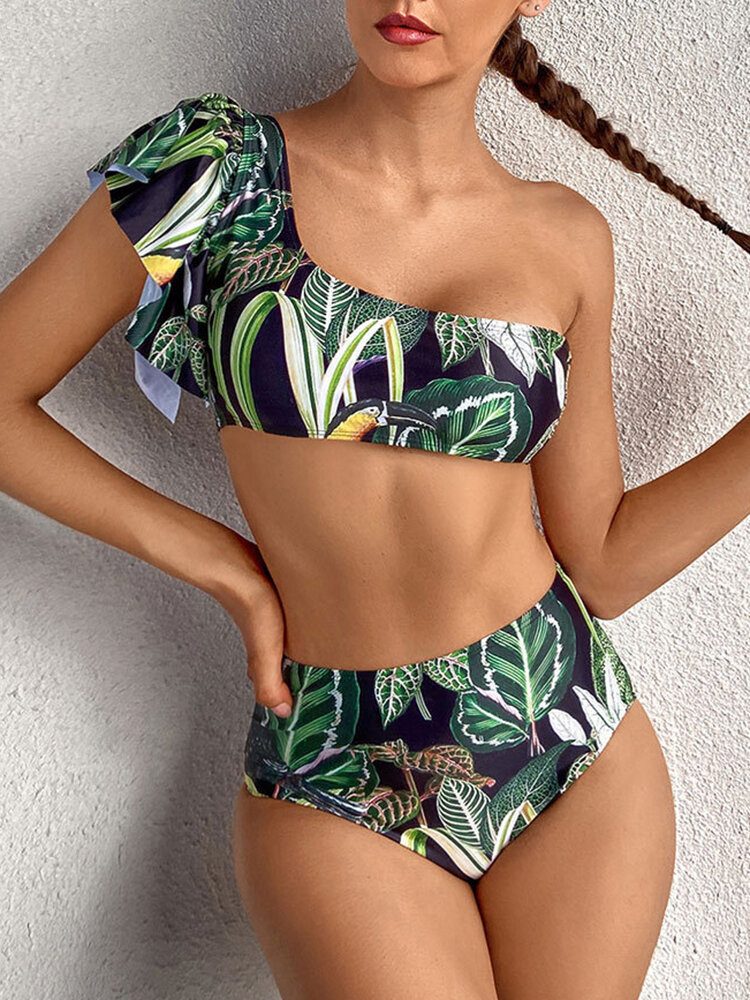 Tropical Plant Print One Shoulder Bandasje Ryggløs Høy Midje Grønn Bikinis Badetøy