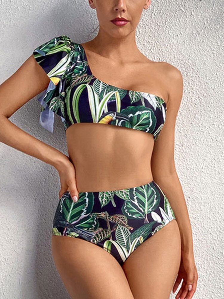 Tropical Plant Print One Shoulder Bandasje Ryggløs Høy Midje Grønn Bikinis Badetøy