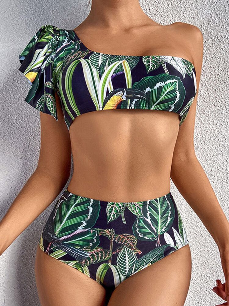 Tropical Plant Print One Shoulder Bandasje Ryggløs Høy Midje Grønn Bikinis Badetøy