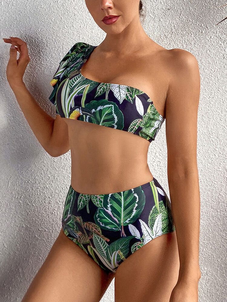 Tropical Plant Print One Shoulder Bandasje Ryggløs Høy Midje Grønn Bikinis Badetøy