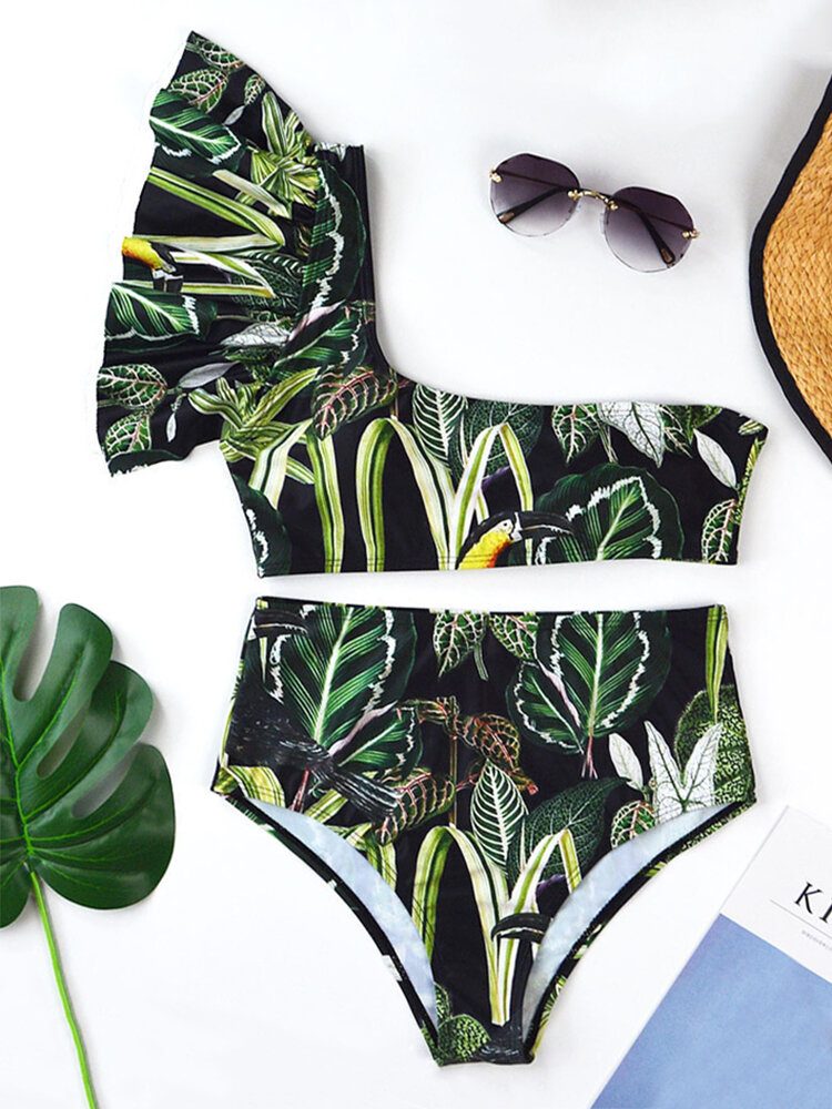 Tropical Plant Print One Shoulder Bandasje Ryggløs Høy Midje Grønn Bikinis Badetøy