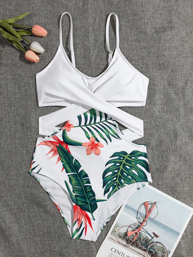 Tropical Plant Print På Kryss Og Tvers Utskjært Strappy One Piece Hawaii-stil Damebadetøy