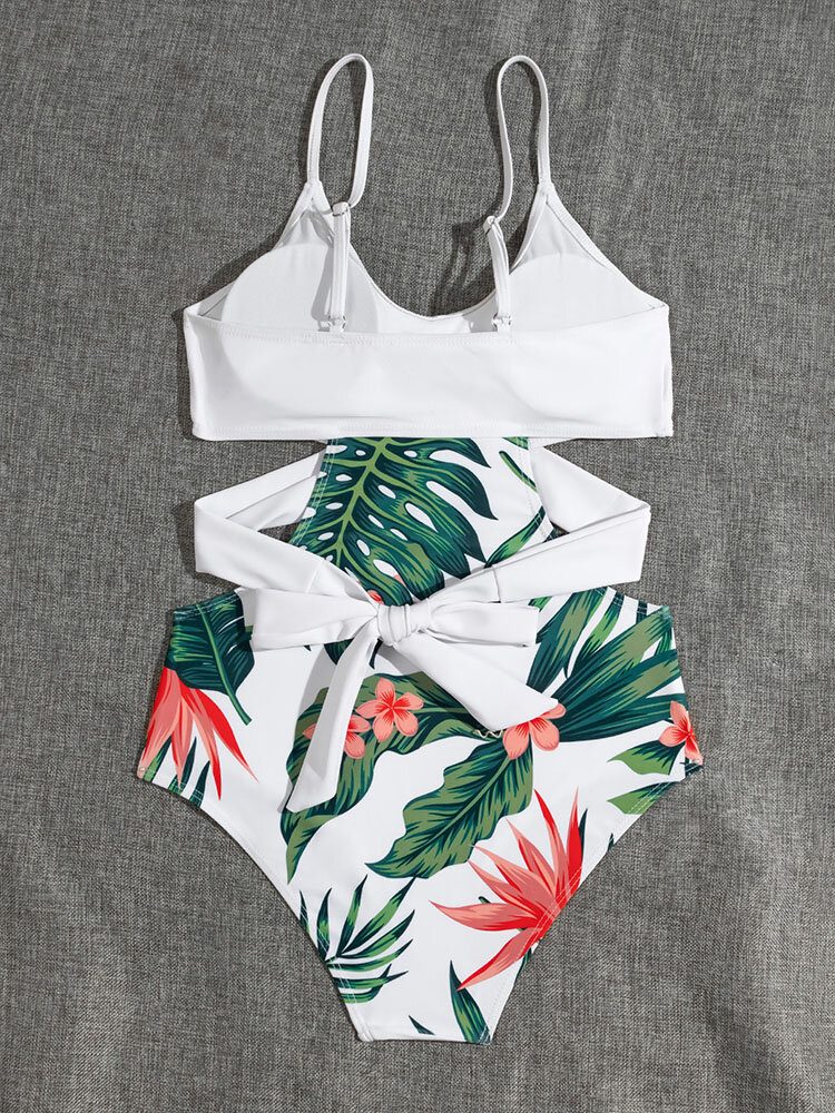 Tropical Plant Print På Kryss Og Tvers Utskjært Strappy One Piece Hawaii-stil Damebadetøy