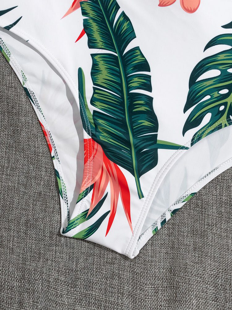 Tropical Plant Print På Kryss Og Tvers Utskjært Strappy One Piece Hawaii-stil Damebadetøy