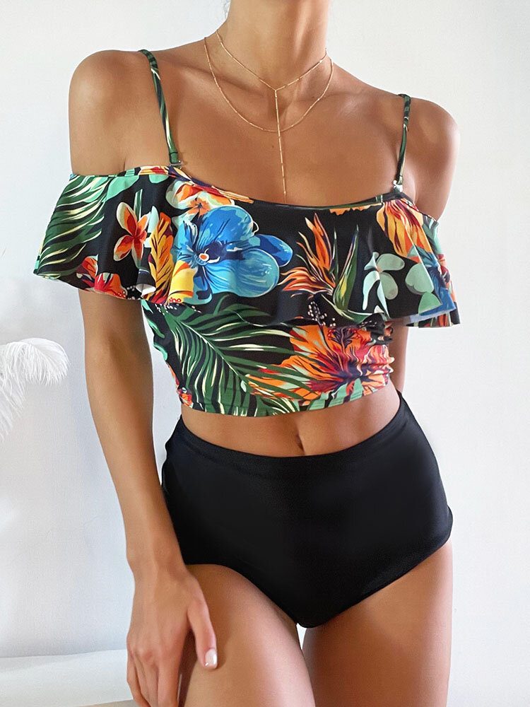 Tropical Plant Print Ruffle Spaghetti Straps High Waisted Bikinis Dame Badedrakt