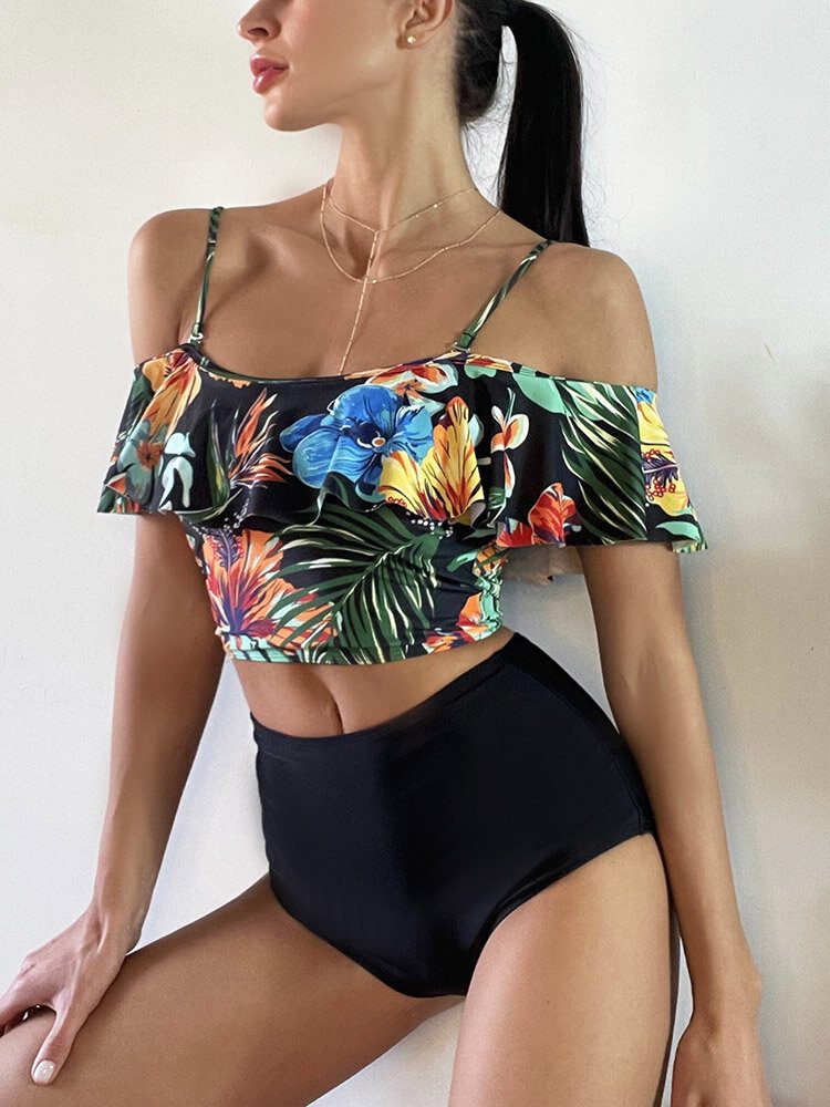 Tropical Plant Print Ruffle Spaghetti Straps High Waisted Bikinis Dame Badedrakt