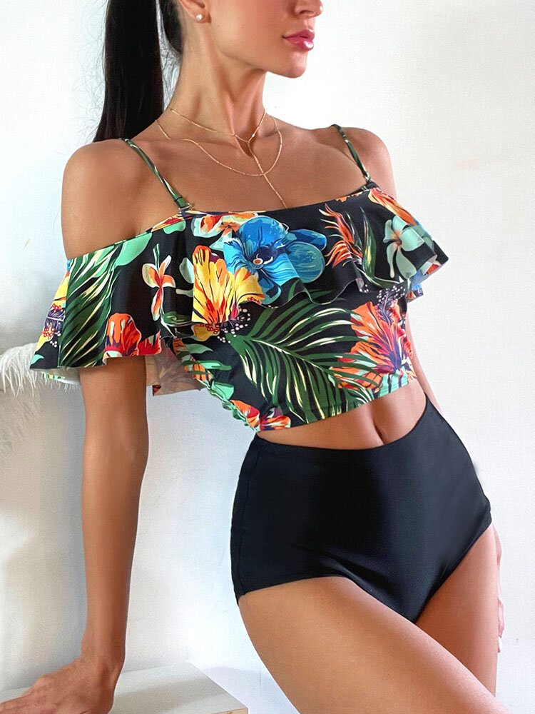 Tropical Plant Print Ruffle Spaghetti Straps High Waisted Bikinis Dame Badedrakt