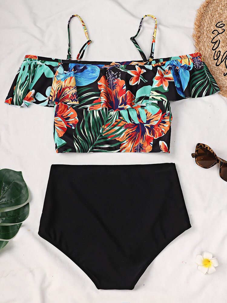 Tropical Plant Print Ruffle Spaghetti Straps High Waisted Bikinis Dame Badedrakt