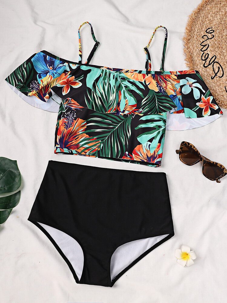 Tropical Plant Print Ruffle Spaghetti Straps High Waisted Bikinis Dame Badedrakt